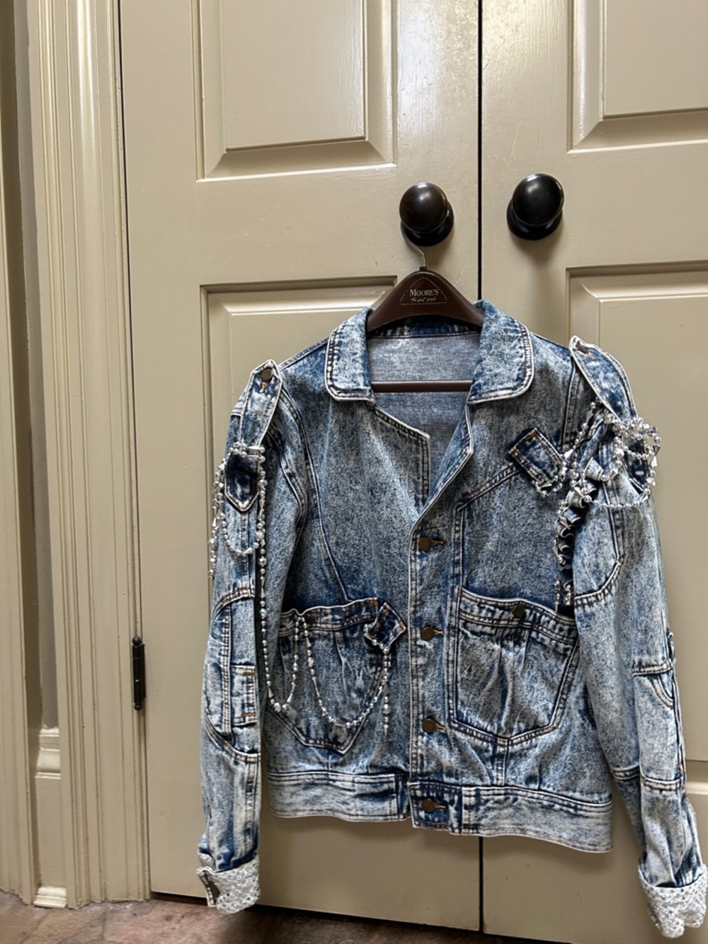 Light Blue Acid-Wash Denim Jacket with Pearl Trim